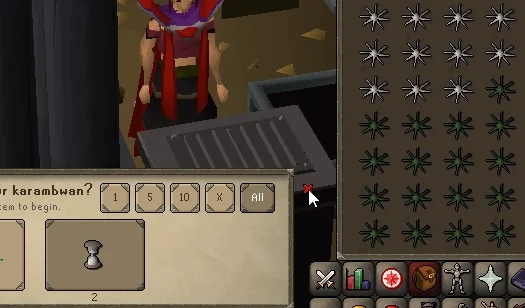 Animation of raw karambwans being cooked one per game tick from a full inventory