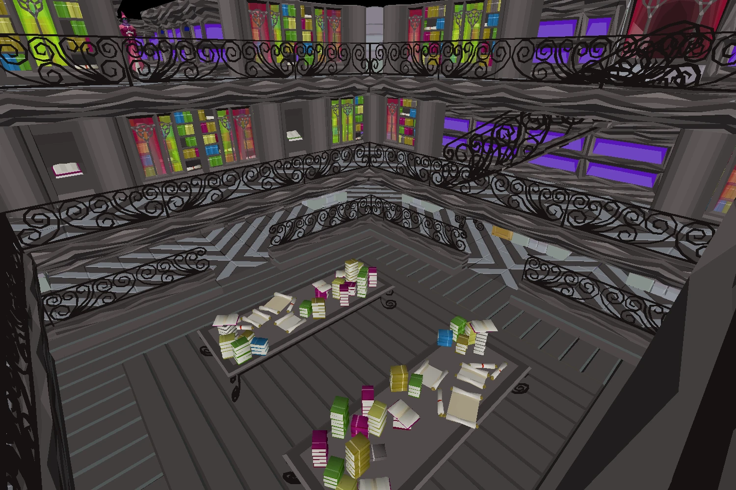 Inside the Arceuus Library in Great Kourend, three floors of bookshelves around a central atrium