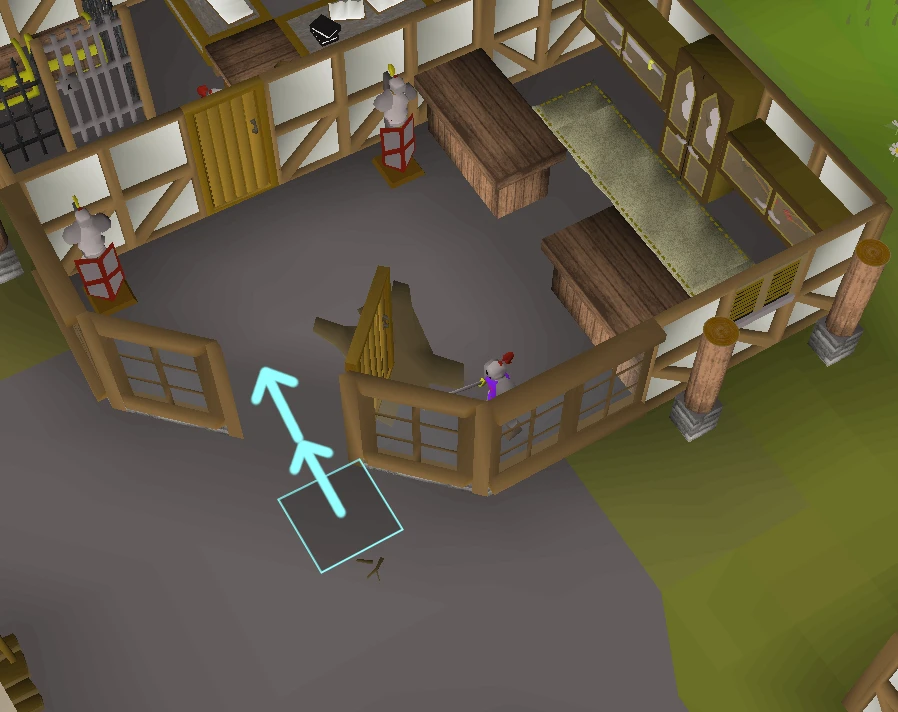 A Knight of Ardougne being shoved into the doorway of the house north of the Ardougne market, with the starting tile highlighted