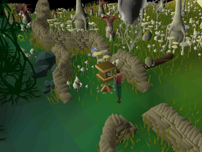 A player checking a bird house among the mushrooms on Fossil Island