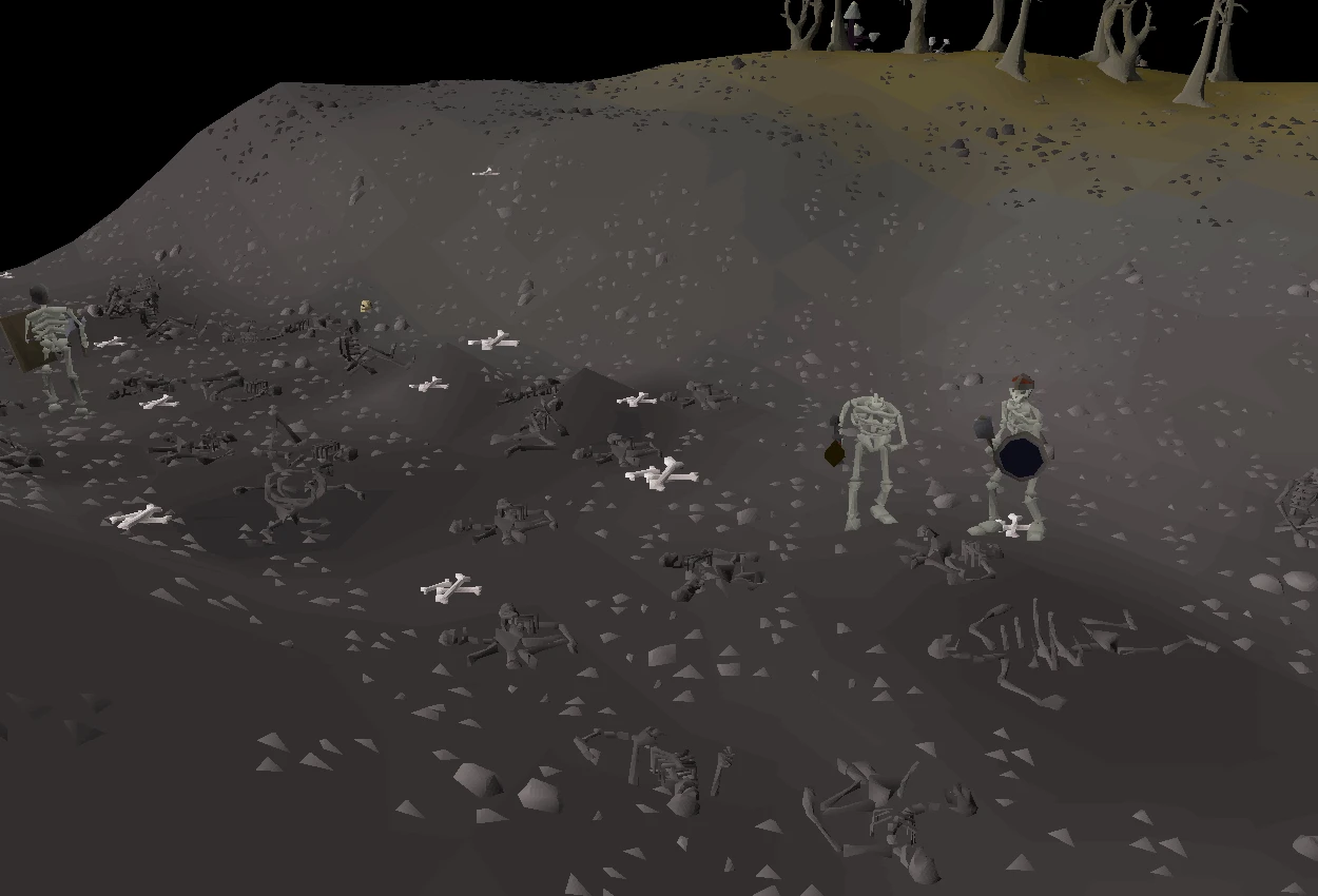 The Bone Yard in the Wilderness with skeletons and bone spawns on the ground