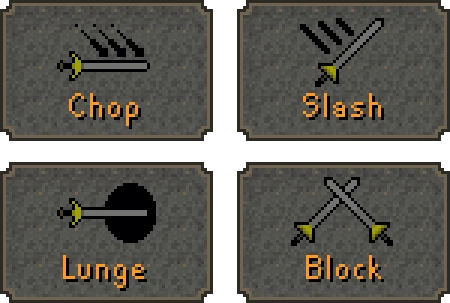 Combat Options buttons for a longsword or scimitar: Chop, Slash, Lunge and Block