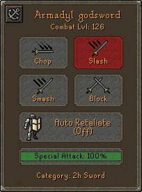 Combat Options tab for an Armadyl godsword showing the Chop, Slash, Smash and Block styles