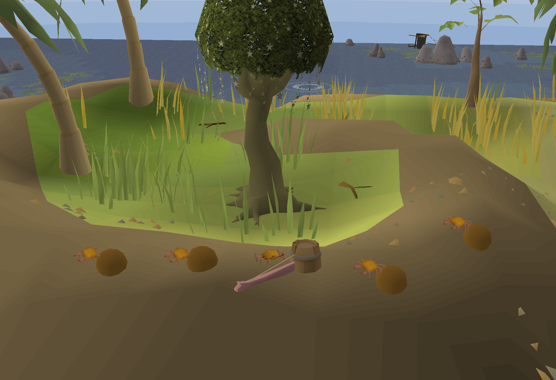 Crabs playing coconut-shell instruments during Crab Quest