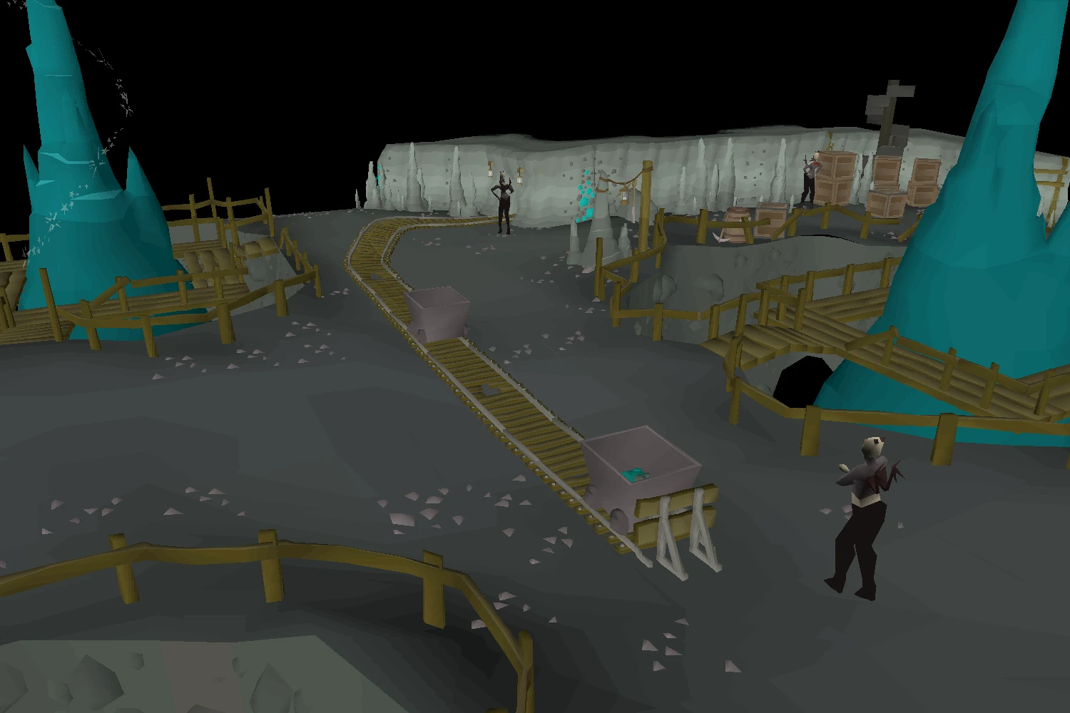 The daeyalt essence mine beneath Darkmeyer, with teal daeyalt crystal formations, mine carts on a track and wooden walkways