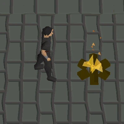 A player stepping away from a log fire they have just lit, the motion line firemaking repeats