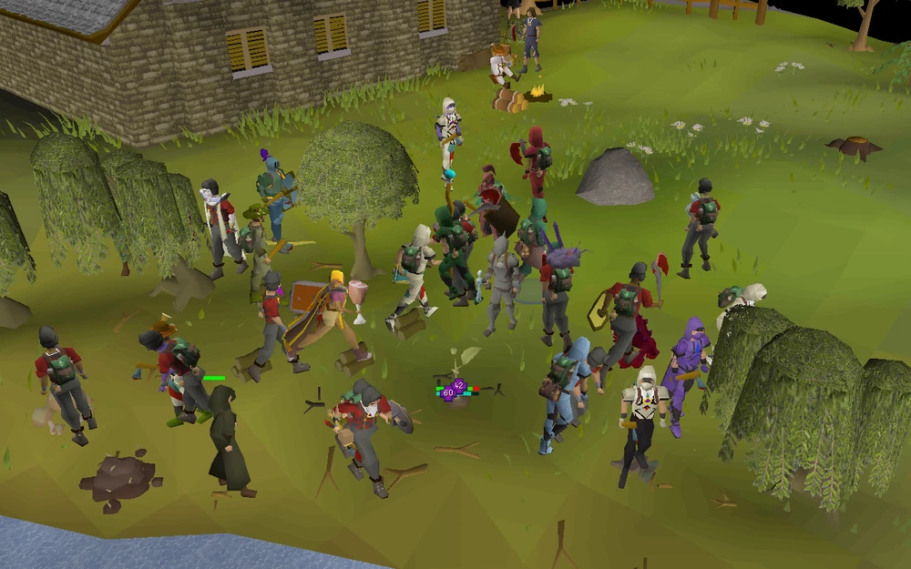 A crowd of players chopping willow trees together while a Forestry event runs