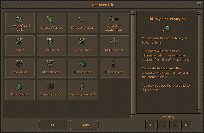 The Forestry kit interface showing stored anima-infused bark, leaves, Forester's rations and a Forestry outfit