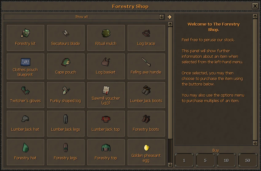 The Forestry Shop interface listing the Forestry kit, log basket, felling axe handle, clothes pouch blueprint and the lumberjack and Forestry outfits
