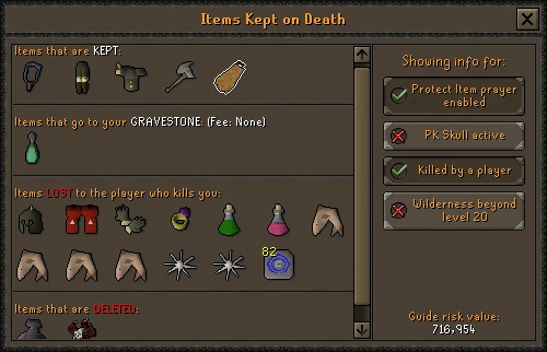 The Items Kept on Death interface with five kept items, one item going to the gravestone and a row of lost items, with toggles for Protect Item, a PK skull, being killed by a player and the Wilderness level