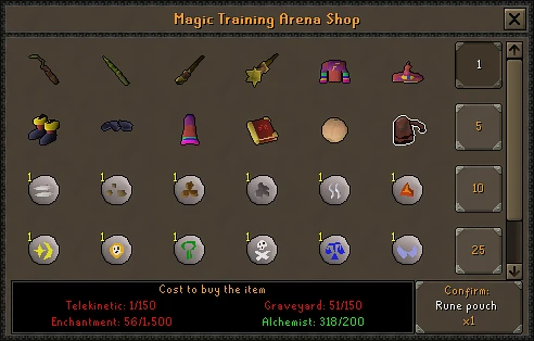 Magic Training Arena Shop interface showing the wands, Infinity pieces, mage's book, rune pouch and runes, with the four point costs of a rune pouch