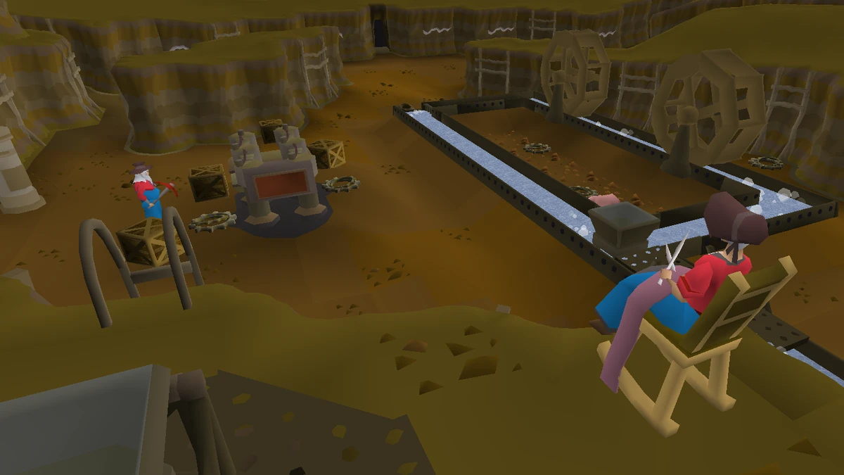 The Motherlode Mine under Falador, showing the water wheel circuit, the sack and Prospector Percy in his rocking chair