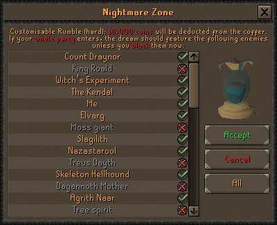 Nightmare Zone customisable rumble window listing quest bosses with tick and cross toggles