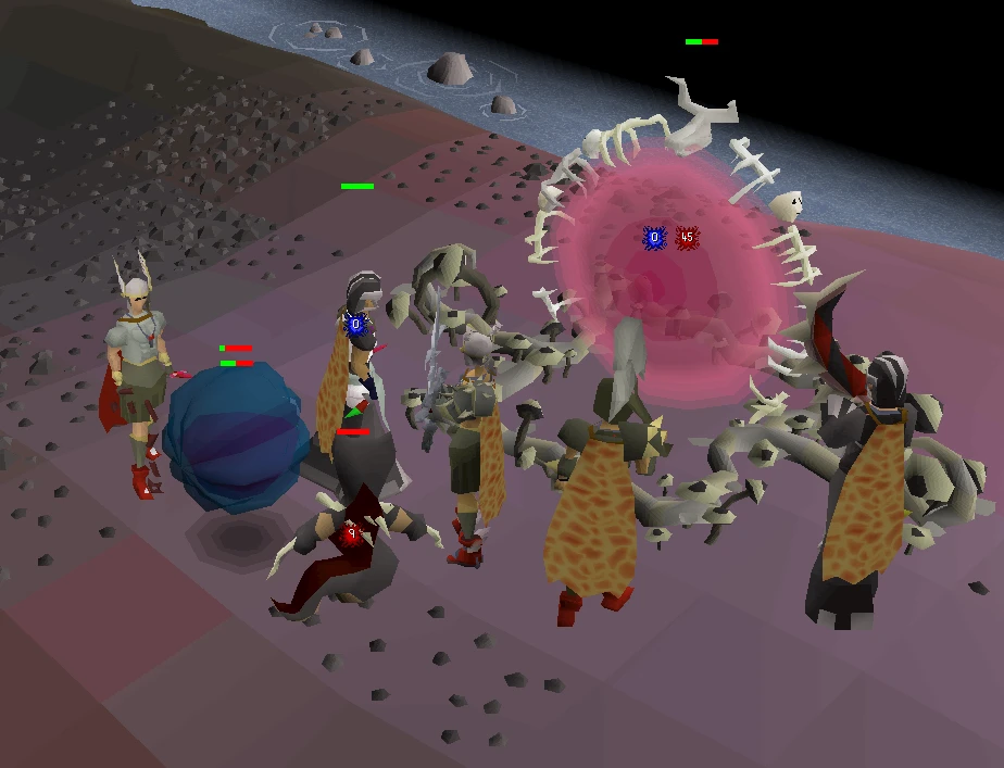 Players in fire capes attacking an unshielded pink portal while pests crowd around them