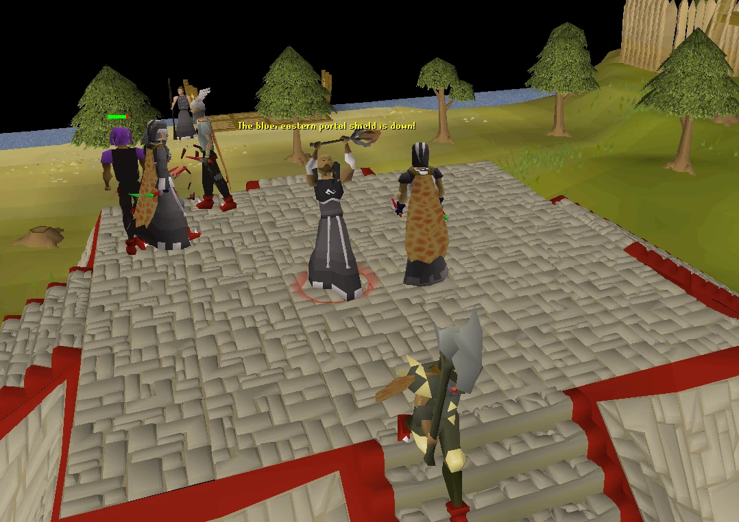 Players standing on the central platform beside the Void Knight while a chat message announces the blue eastern portal shield is down