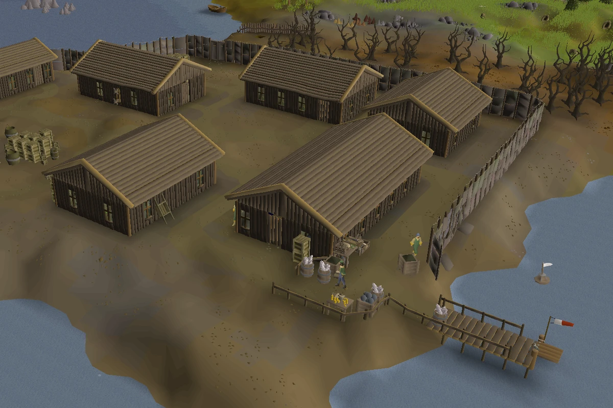 The Piscatoris Fishing Colony, wooden huts and a jetty on the coast north-west of the Gnome Stronghold