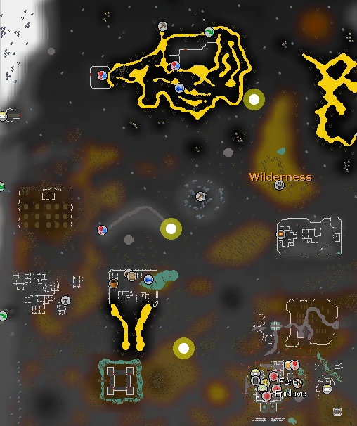 Wilderness map with the three Revenant Caves entrances marked by yellow circles and Ferox Enclave in the bottom right