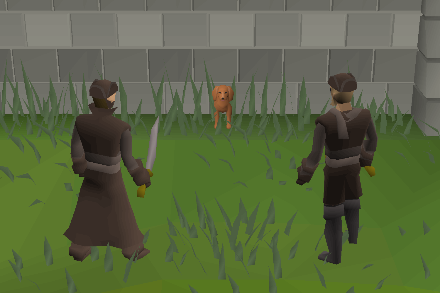 A puppy cornered by two outlaws at the outlaw camp