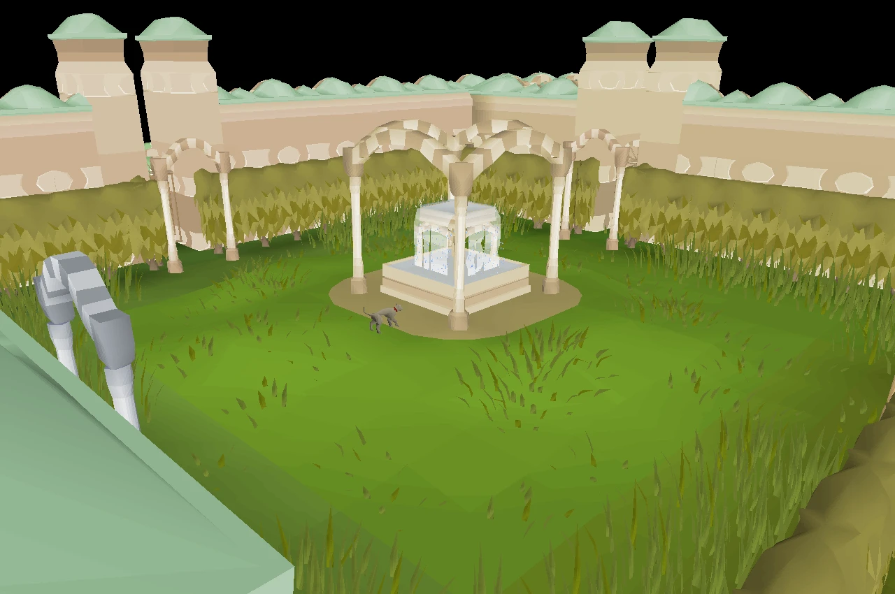 The central courtyard of the Sorceress's Garden with its fountain and Del-Monty the cat