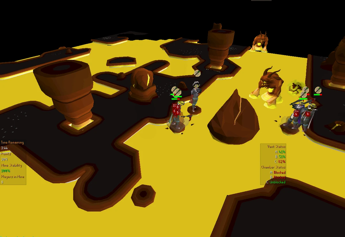 A team mining the boulder in the Volcanic Mine, with vent and chamber status shown on the interface