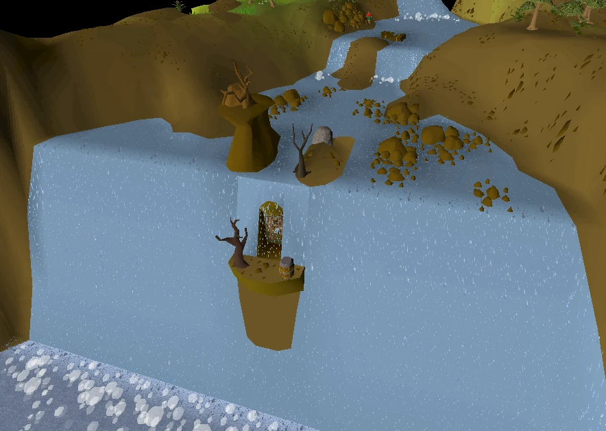 Baxtorian Falls on the river west of the Tree Gnome Stronghold, the setting of the Waterfall Quest