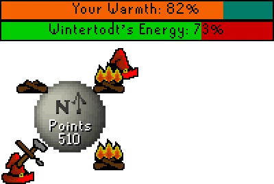 The Wintertodt overlay showing Your Warmth at 82% above the Wintertodt's Energy bar, with the four braziers around a points counter