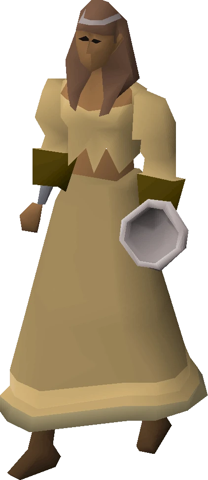 Zahur, the herbalist NPC in Nardah, in a long cream dress