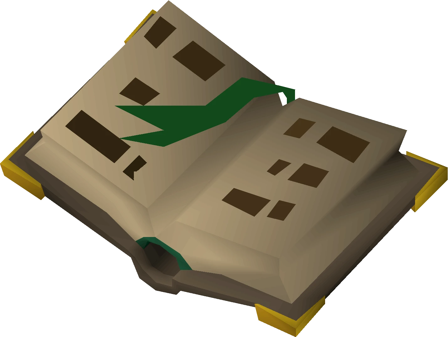 Item render of Zorya's tome, an open brown book with a green ribbon and gold corners